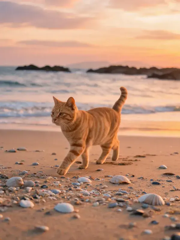 沙滩日落时橘色短毛家猫的姿态