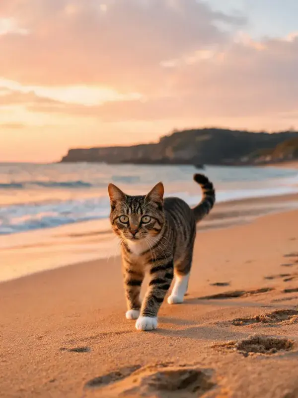 海滩黄昏时虎斑猫漫步场景