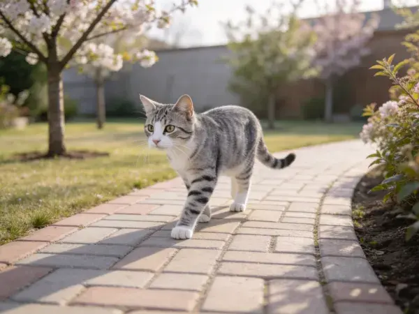 灰纹短毛家猫漫步砖石小径