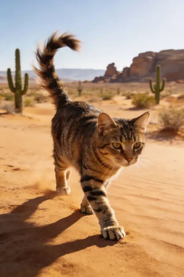 沙漠沙地上的短毛虎斑猫