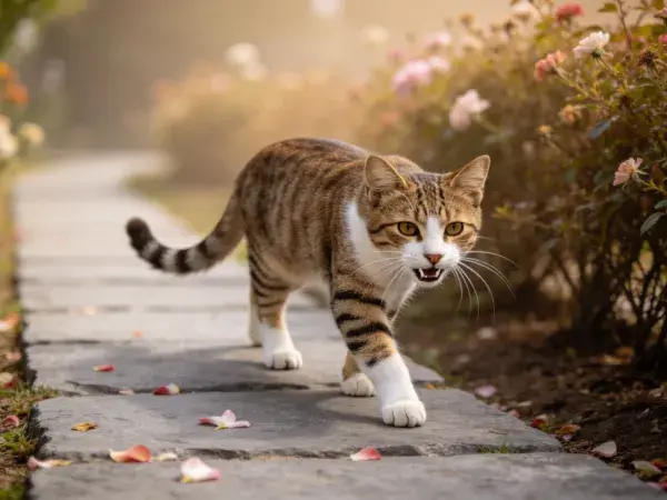 花园石板路上的短毛虎斑猫