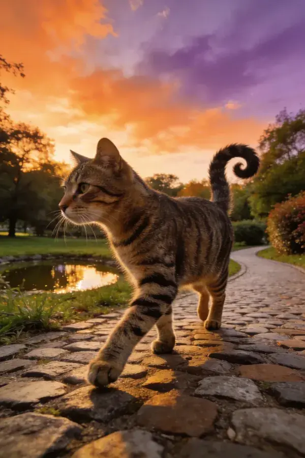 短毛家猫夕阳下石板路漫步