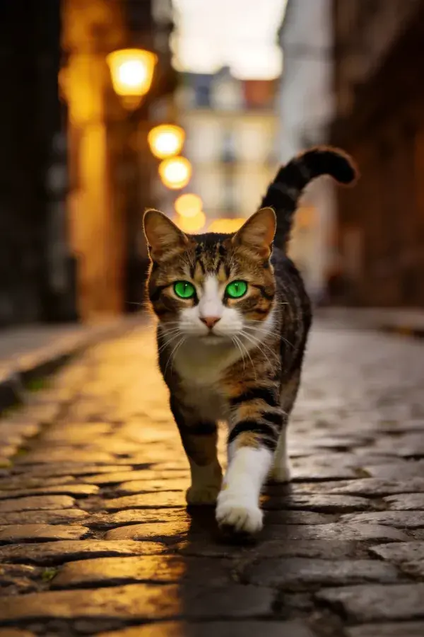石板路小巷里的三色短毛家猫