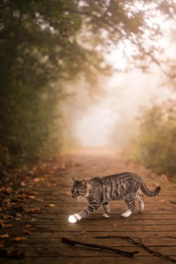 露天步道中短毛虎斑猫玩发光小球
