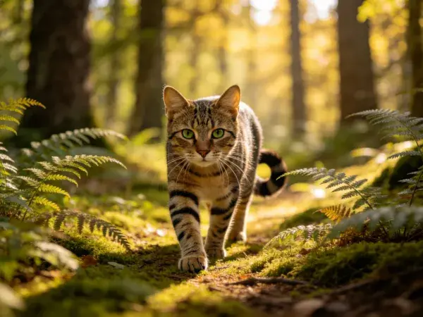 森林小径上的短毛虎斑猫