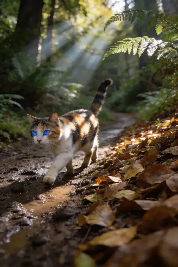 三色短毛家猫穿行林间小道