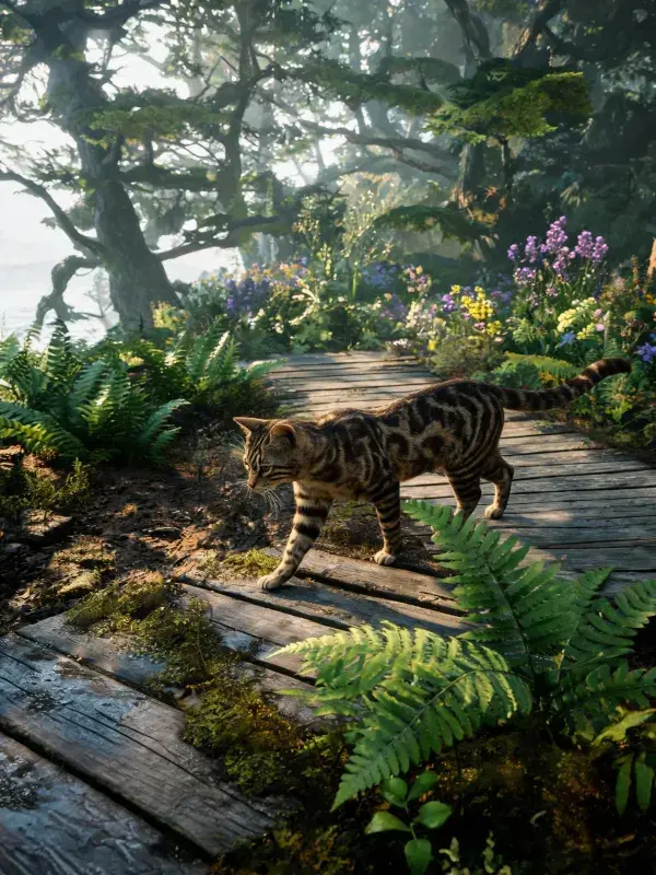 森林花园里的木质步道与斑纹短毛猫场景