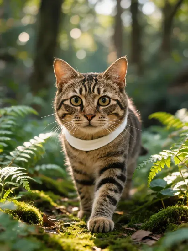 阔叶林苔藓间行走的虎斑短毛猫