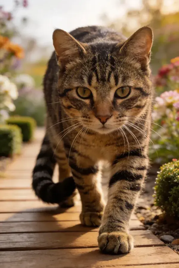 露天花园中行走的短毛虎斑猫