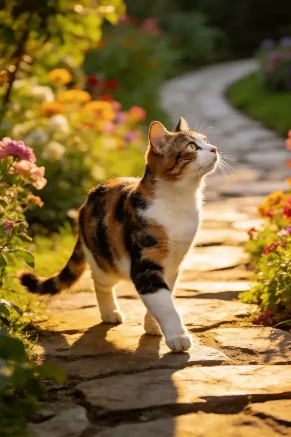 三色短毛家猫在花园石径漫步