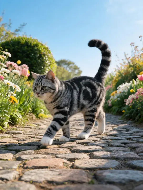 银虎斑短毛猫在石板路上行走瞬间