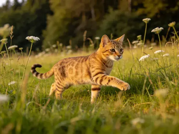 阳光下草地里的孟加拉豹猫行走场景