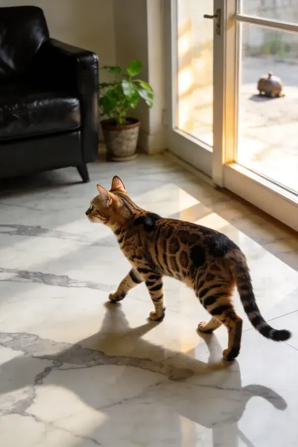 室内阳光下孟加拉豹猫行走场景