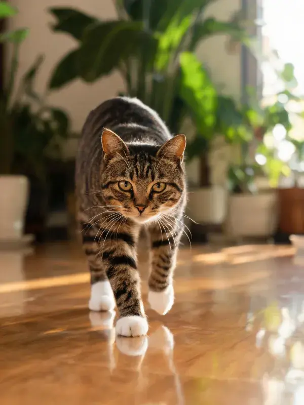 室内暖光下玳瑁斑纹短毛猫行走图景