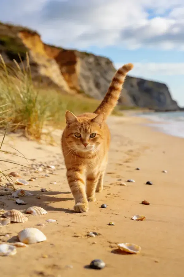沙滩岩石旁行走橘猫的场景