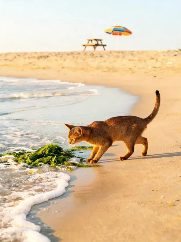 阿比西尼亚猫在海滩岸边探究海藻的场景