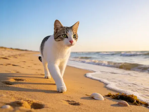 沙滩上行走的花白短毛家猫