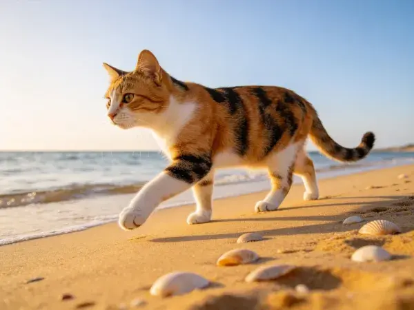 海滩阳光下的三色短毛家猫漫步场景