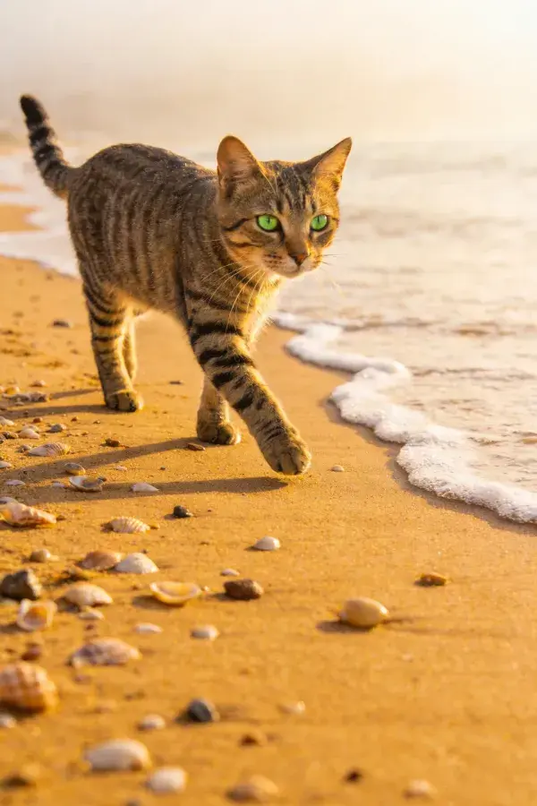 沙滩岸边花纹短毛猫漫步