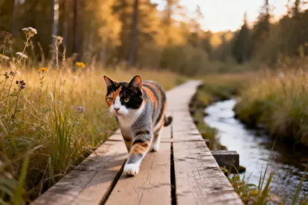 三色短毛家猫漫步木栈道旁溪流场景