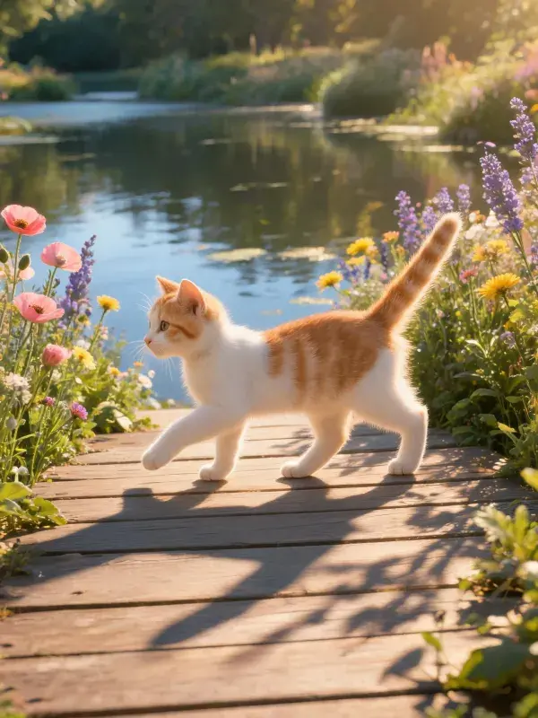 湖边木板道上的橘白短毛家猫