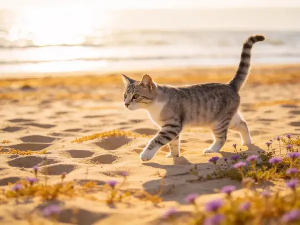 沙滩光影下的灰褐条纹短毛猫