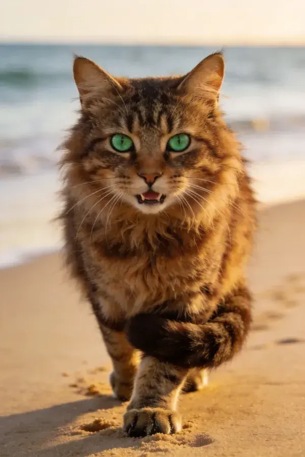 阳光沙滩上的长毛虎斑猫
