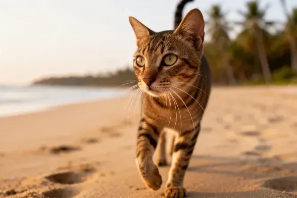 沙滩上行走的虎斑短毛猫特写