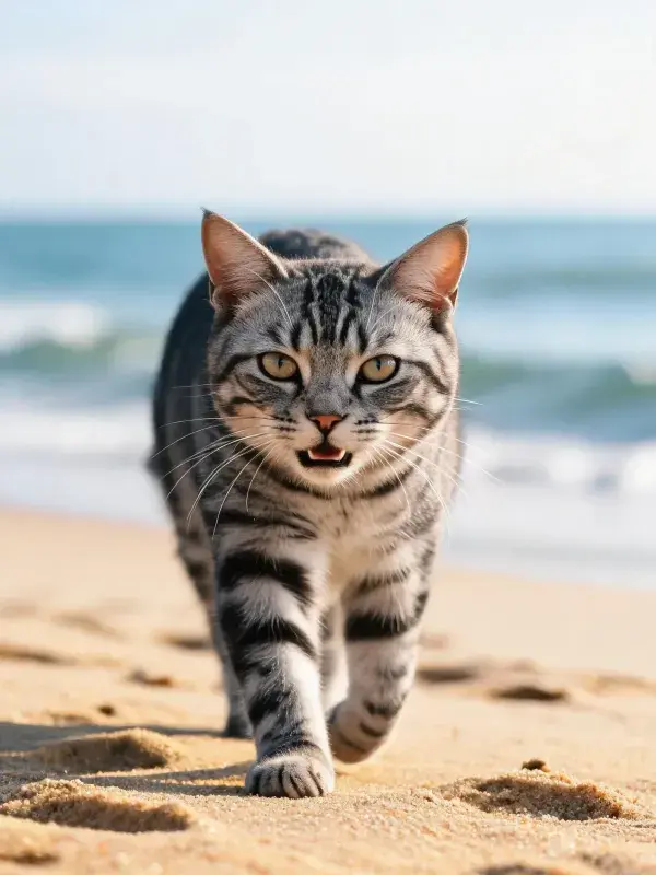 沙滩上银色虎斑猫行走瞬间