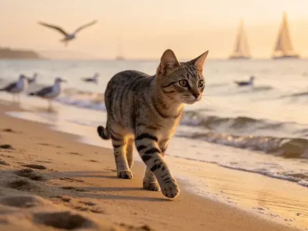 海滩边短毛虎斑猫漫步场景