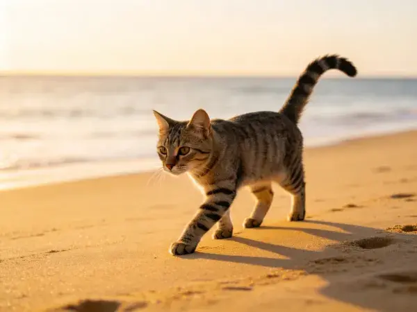 阳光沙滩上的短毛斑纹猫