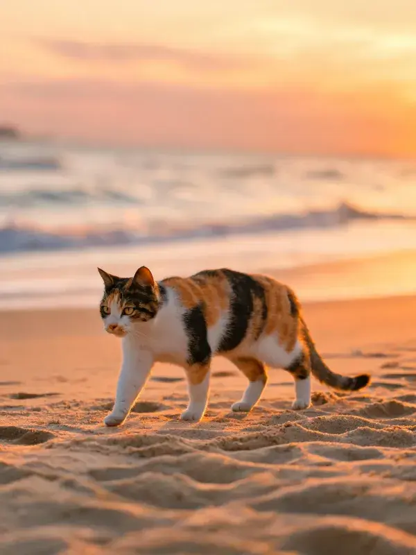 沙滩日落时分的三色短毛猫漫步场景