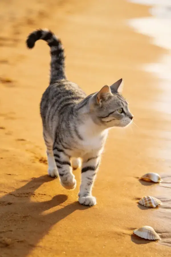 沙滩细沙上的灰黑条纹猫