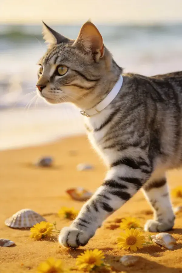 沙滩黄花旁的虎斑短毛猫