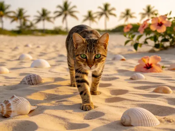 短毛斑纹家猫沙滩漫步场景