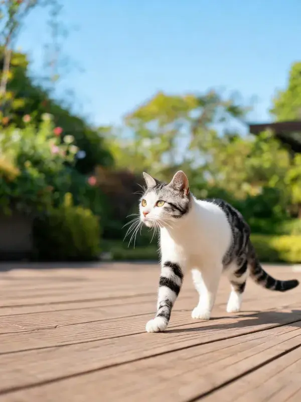 露天环境中黑白短毛猫行走图景