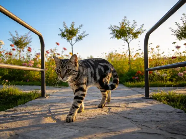石板路上短毛虎斑猫行走场景