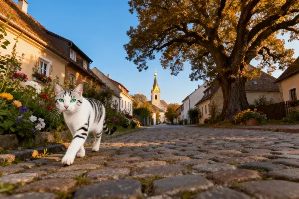 古村落石板路间的黑白条纹猫