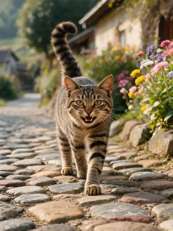 短毛虎斑猫在石板路上的行走姿态