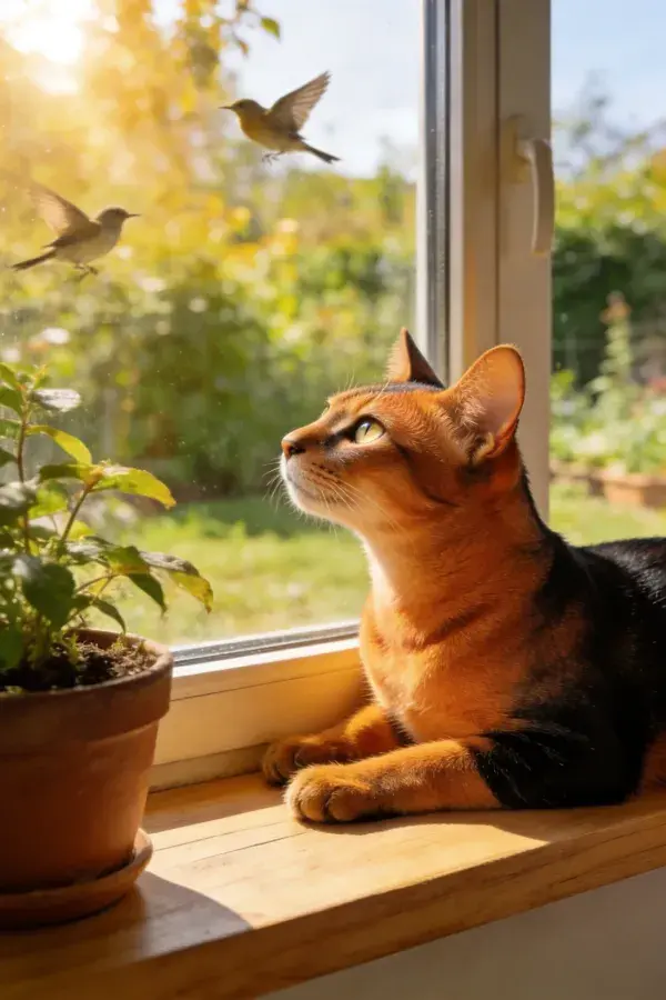 阿比西尼亚猫注视窗外飞鸟于窗台场景