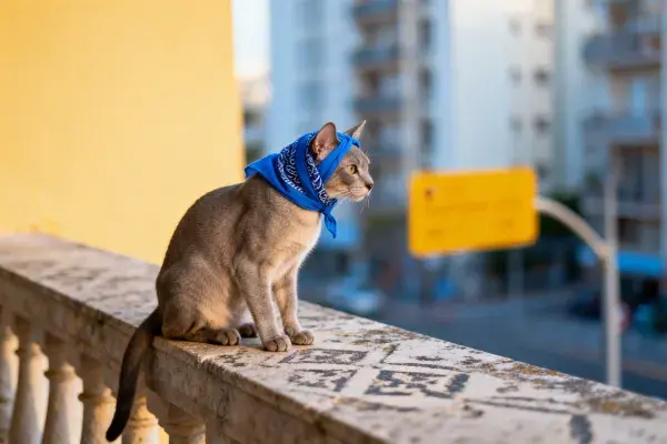 阳台栏杆上的蓝色头巾灰色短毛猫场景