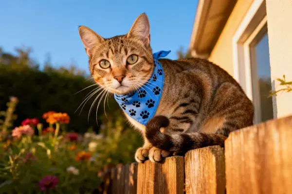 花园围栏上的短毛虎斑猫
