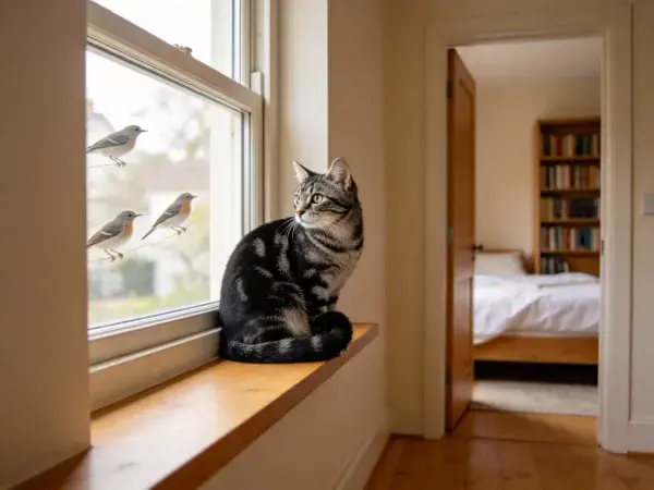 窗台上的短毛虎斑猫与窗外飞鸟场景
