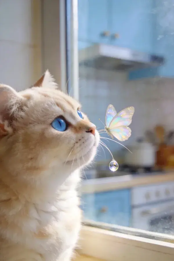 阳光窗边蓝眼浅金色家猫注视彩蝶