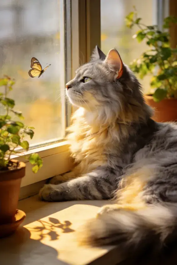 窗台上灰长毛猫凝视彩蝶