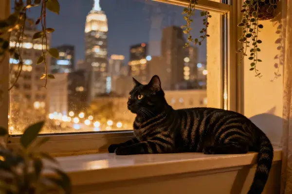 窗台虎斑猫与城市夜景的暖调对比