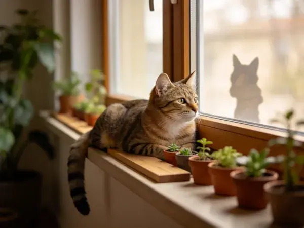 窗台上的虎斑短毛家猫与盆栽场景