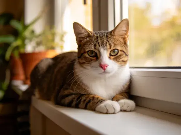 窗台上棕白相间的短毛家猫
