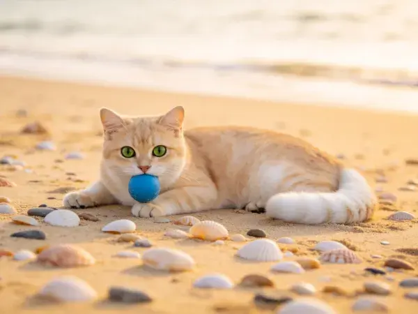 沙滩上玩耍的橘色短毛猫