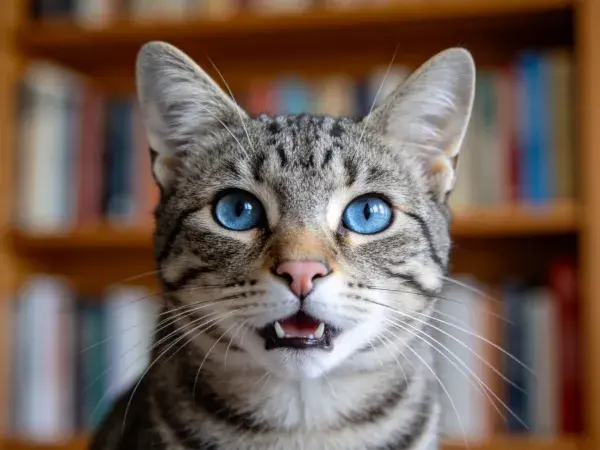 书架前蓝眼睛短毛虎斑猫特写